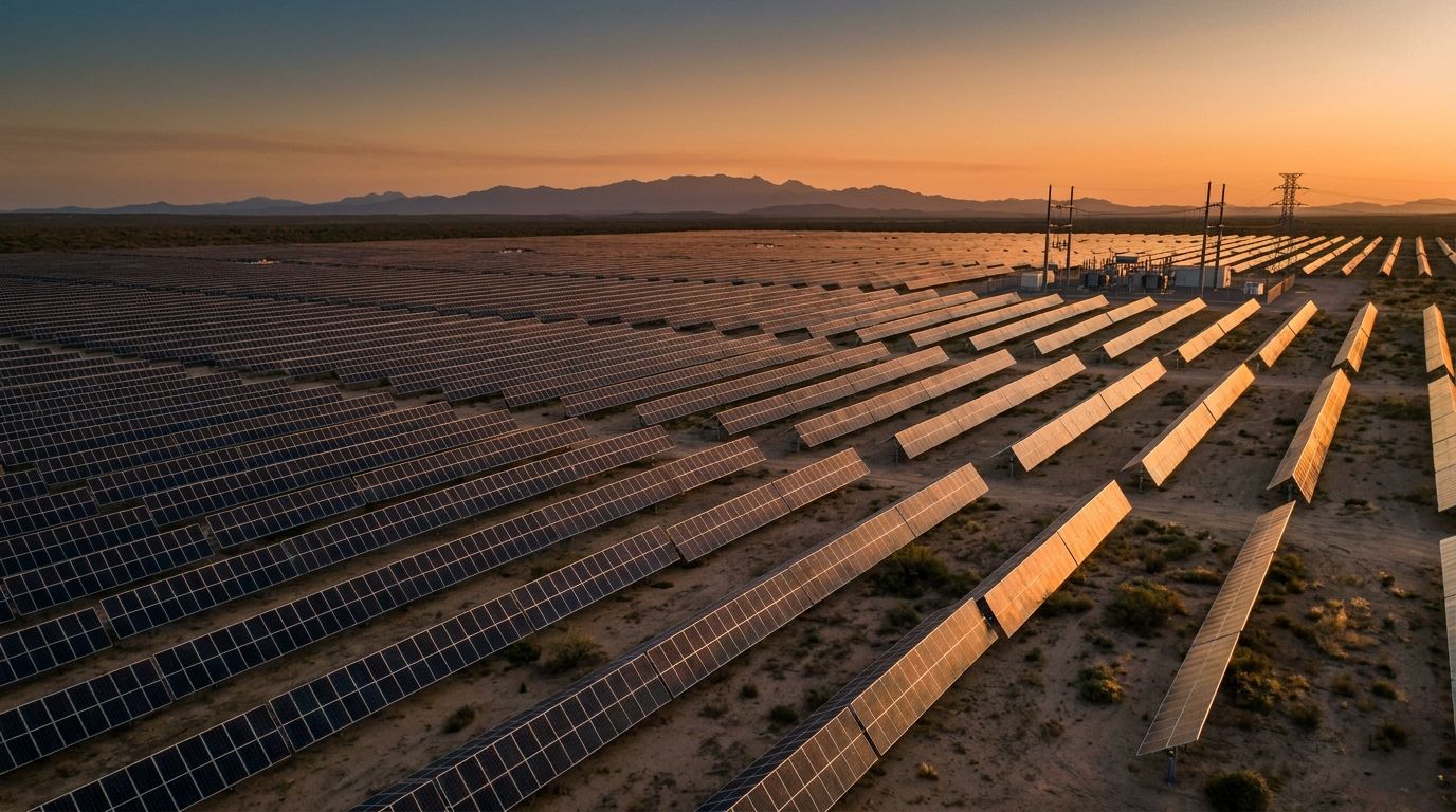 Render del parque solar de 300 MW al atardecer en el desierto de Coahuila